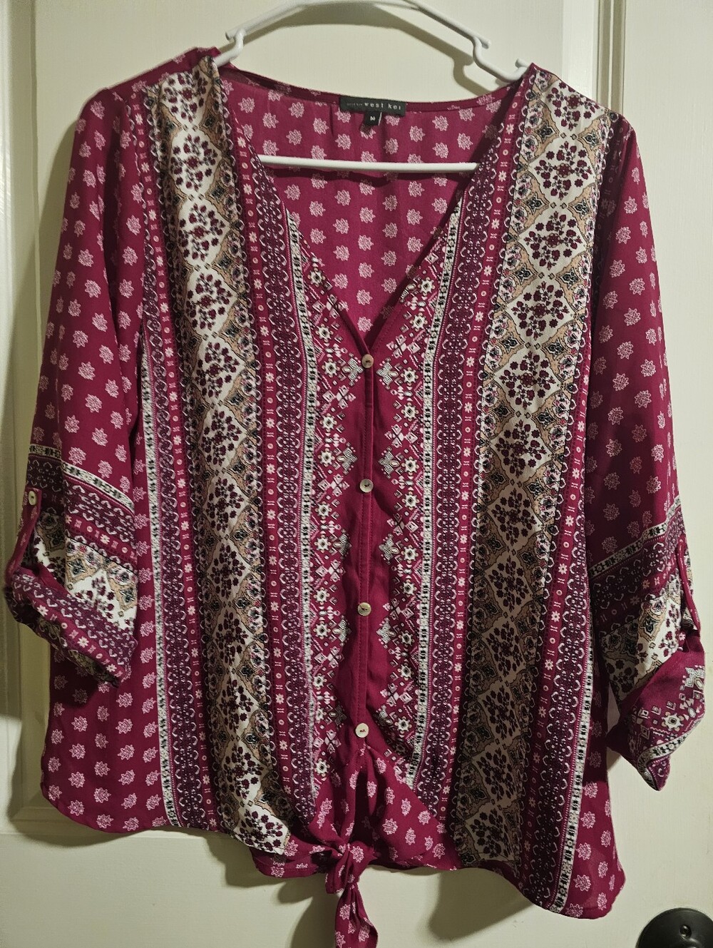 West Kei Magenta Floral Button-Front Tie Blouse